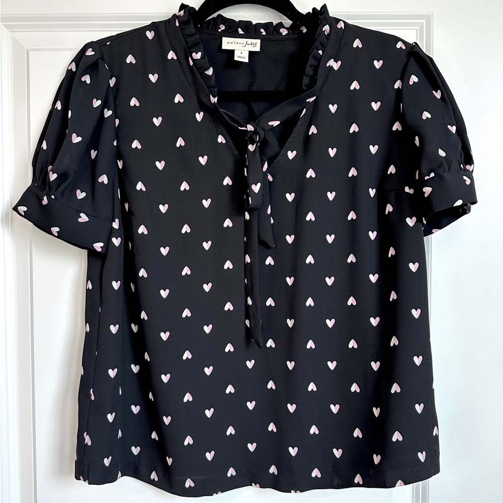 NWOT Maison Jules Black Blouse with Hearts Size Small NWOT